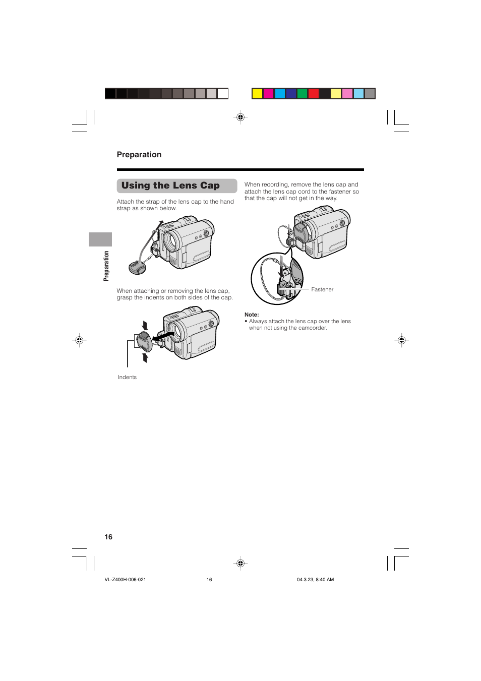 Using the lens cap, Preparation | Sharp VL-Z400H-T User Manual | Page 28 / 123