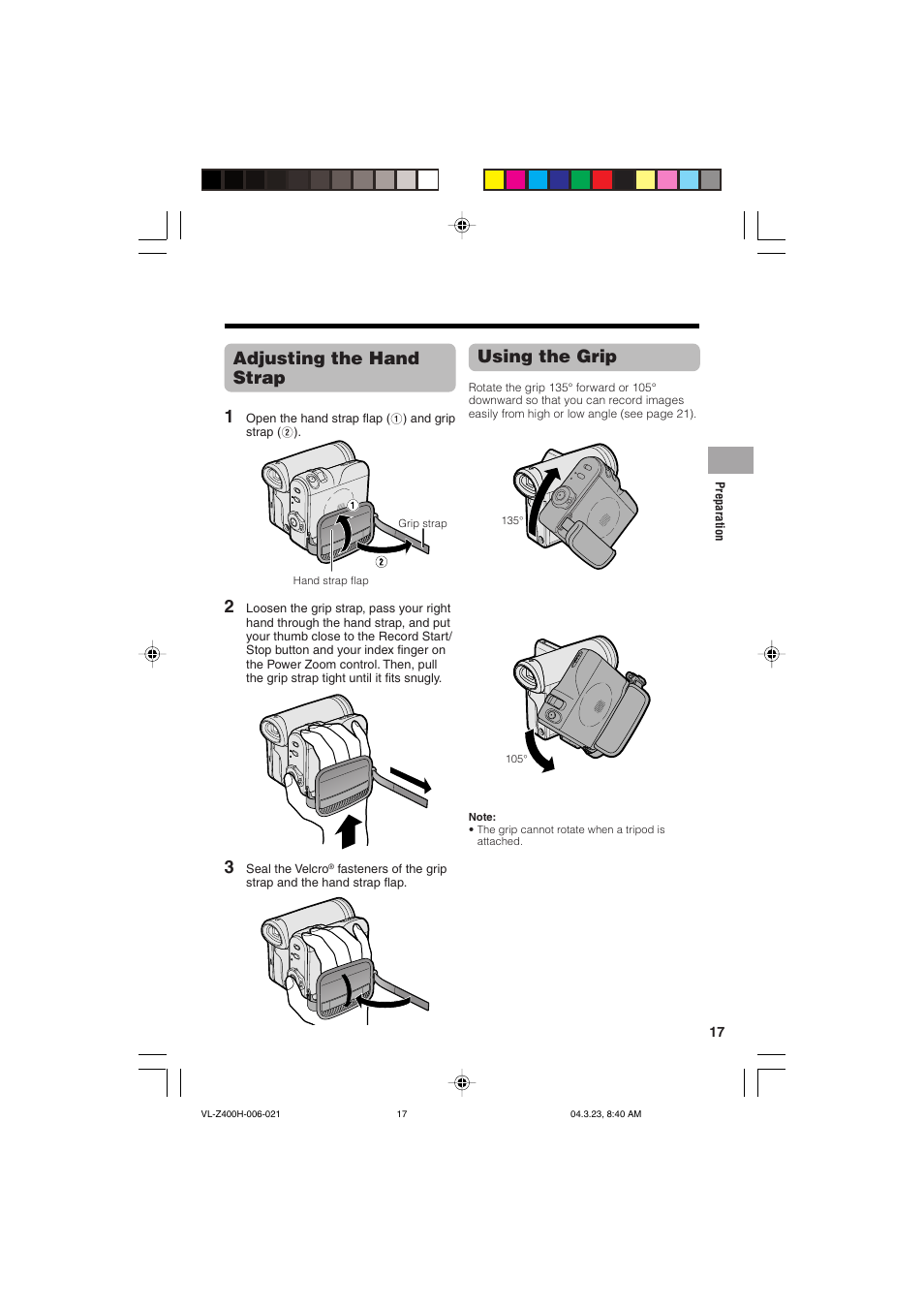 Adjusting the hand strap 1, Using the grip | Sharp VL-Z400H-T User Manual | Page 29 / 123