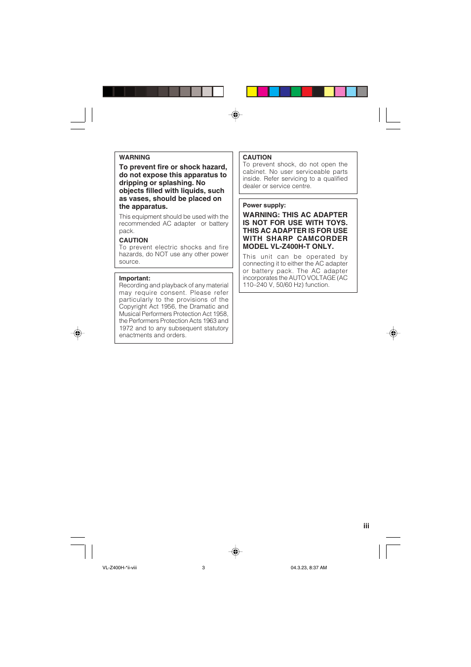 Sharp VL-Z400H-T User Manual | Page 3 / 123