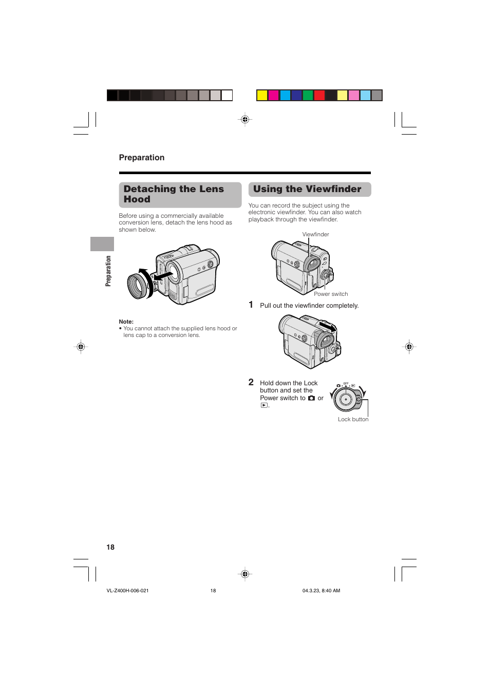 Using the viewfinder, Detaching the lens hood | Sharp VL-Z400H-T User Manual | Page 30 / 123