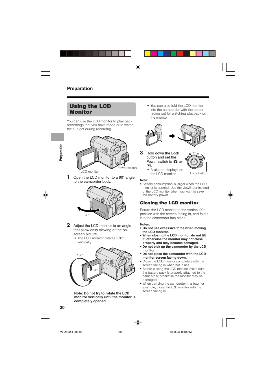 Using the lcd monitor, Preparation | Sharp VL-Z400H-T User Manual | Page 32 / 123