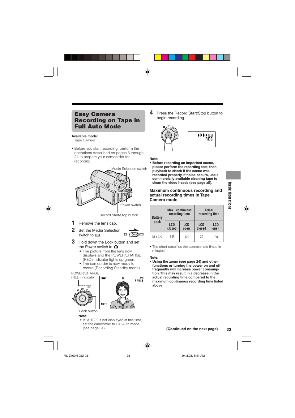 Easy camera recording on tape in full auto mode | Sharp VL-Z400H-T User Manual | Page 35 / 123