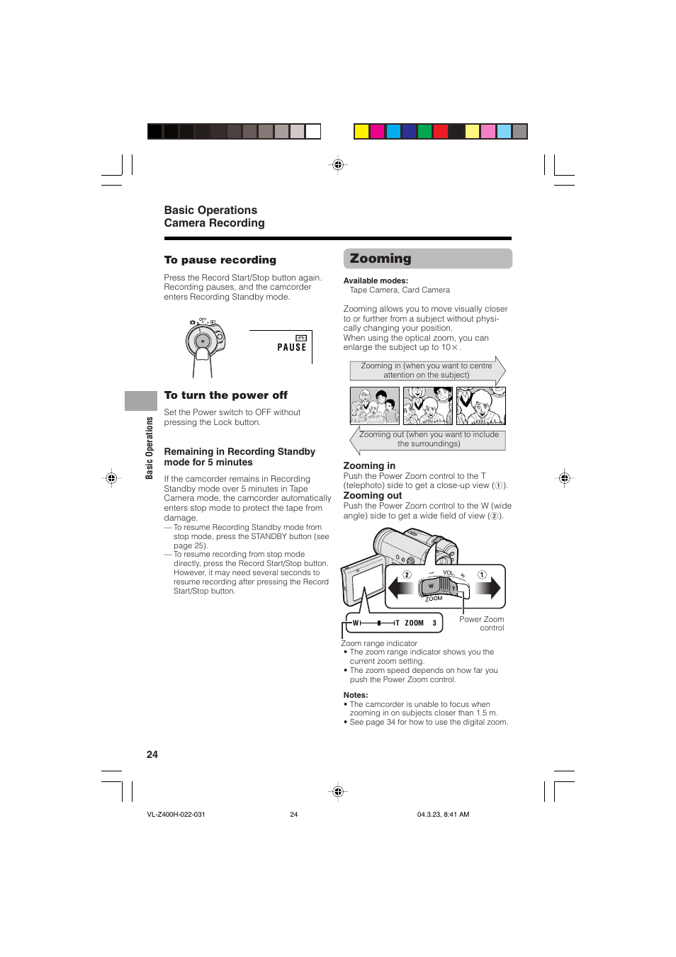 Zooming, Basic operations camera recording | Sharp VL-Z400H-T User Manual | Page 36 / 123