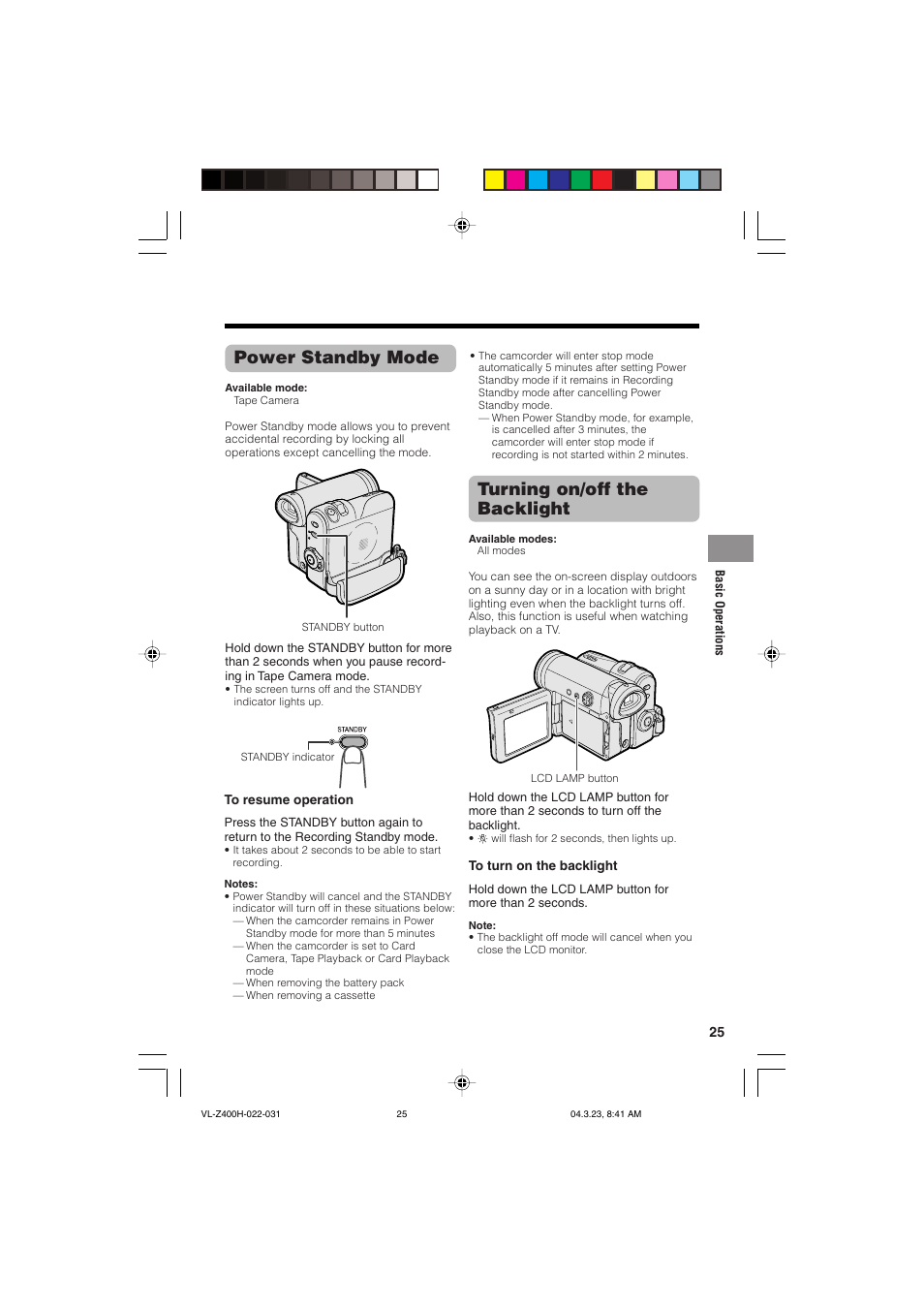 Power standby mode, Turning on/off the backlight | Sharp VL-Z400H-T User Manual | Page 37 / 123