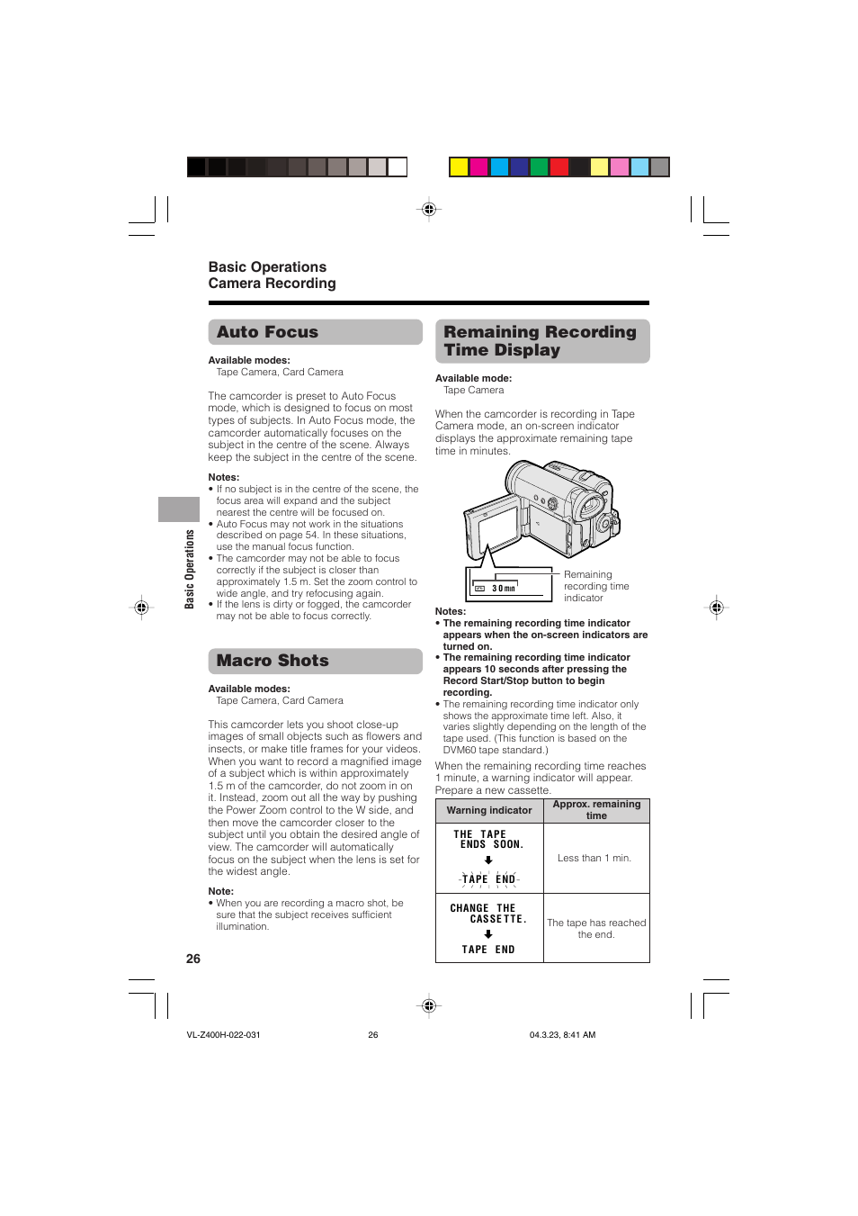 Auto focus, Macro shots, Remaining recording time display | Basic operations camera recording | Sharp VL-Z400H-T User Manual | Page 38 / 123