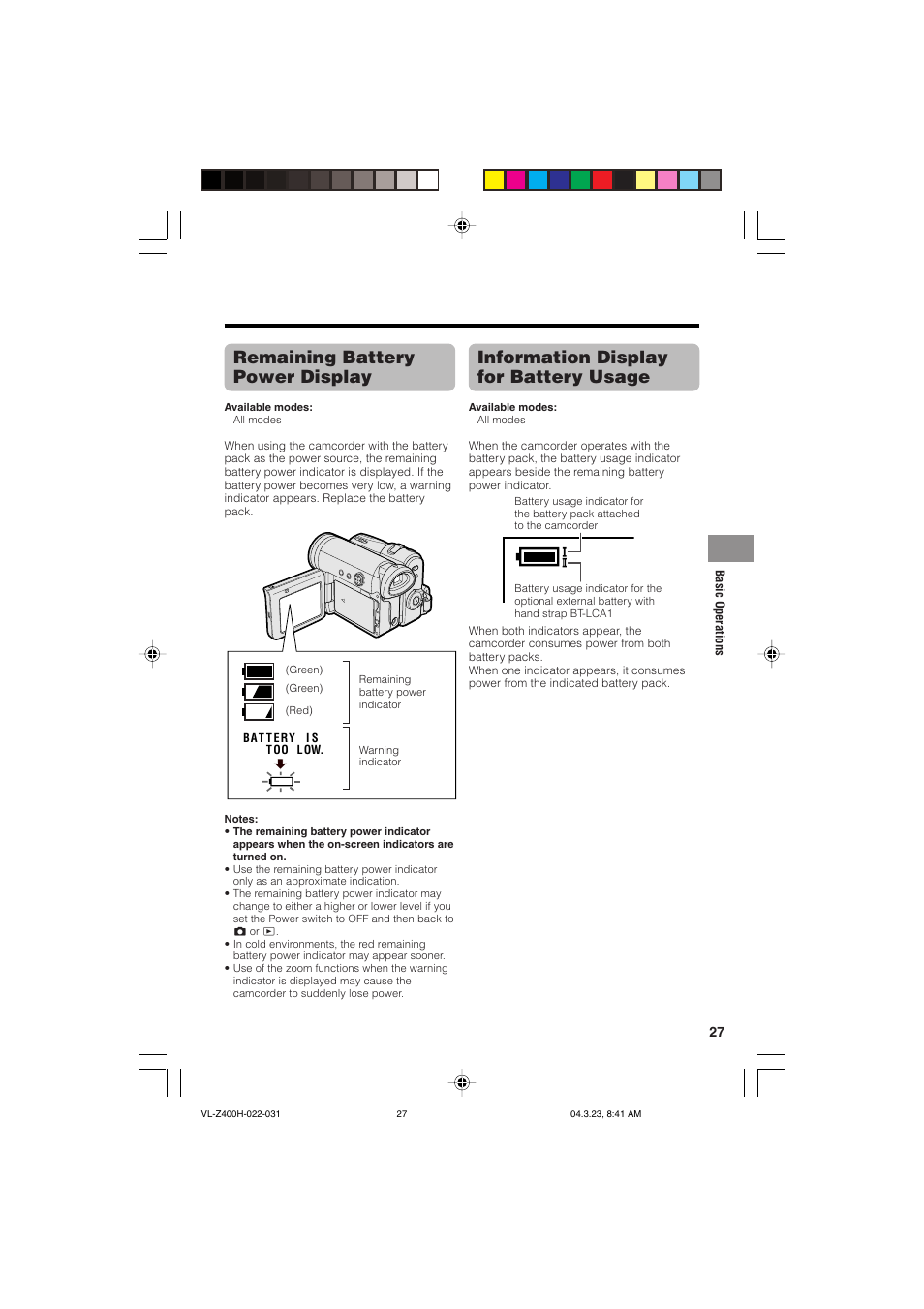 Information display for battery usage, Remaining battery power display | Sharp VL-Z400H-T User Manual | Page 39 / 123