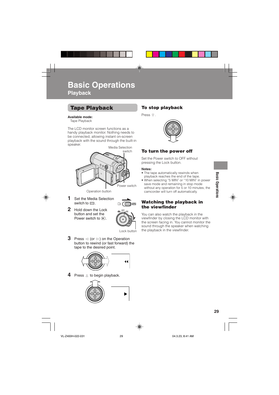 Basic operations, Tape playback, Playback | Sharp VL-Z400H-T User Manual | Page 41 / 123