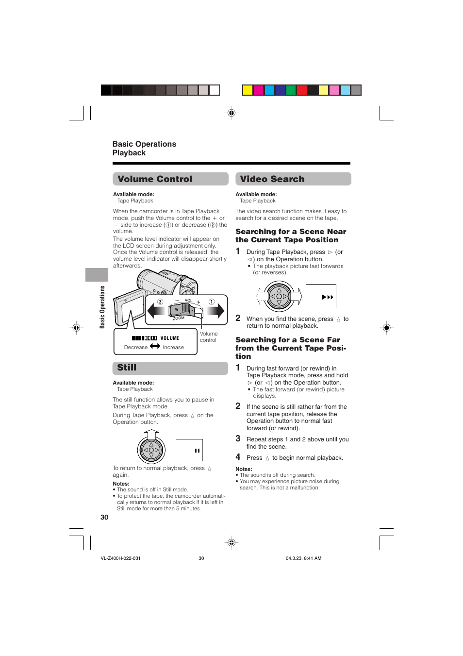 Video search, Still, Volume control | Sharp VL-Z400H-T User Manual | Page 42 / 123