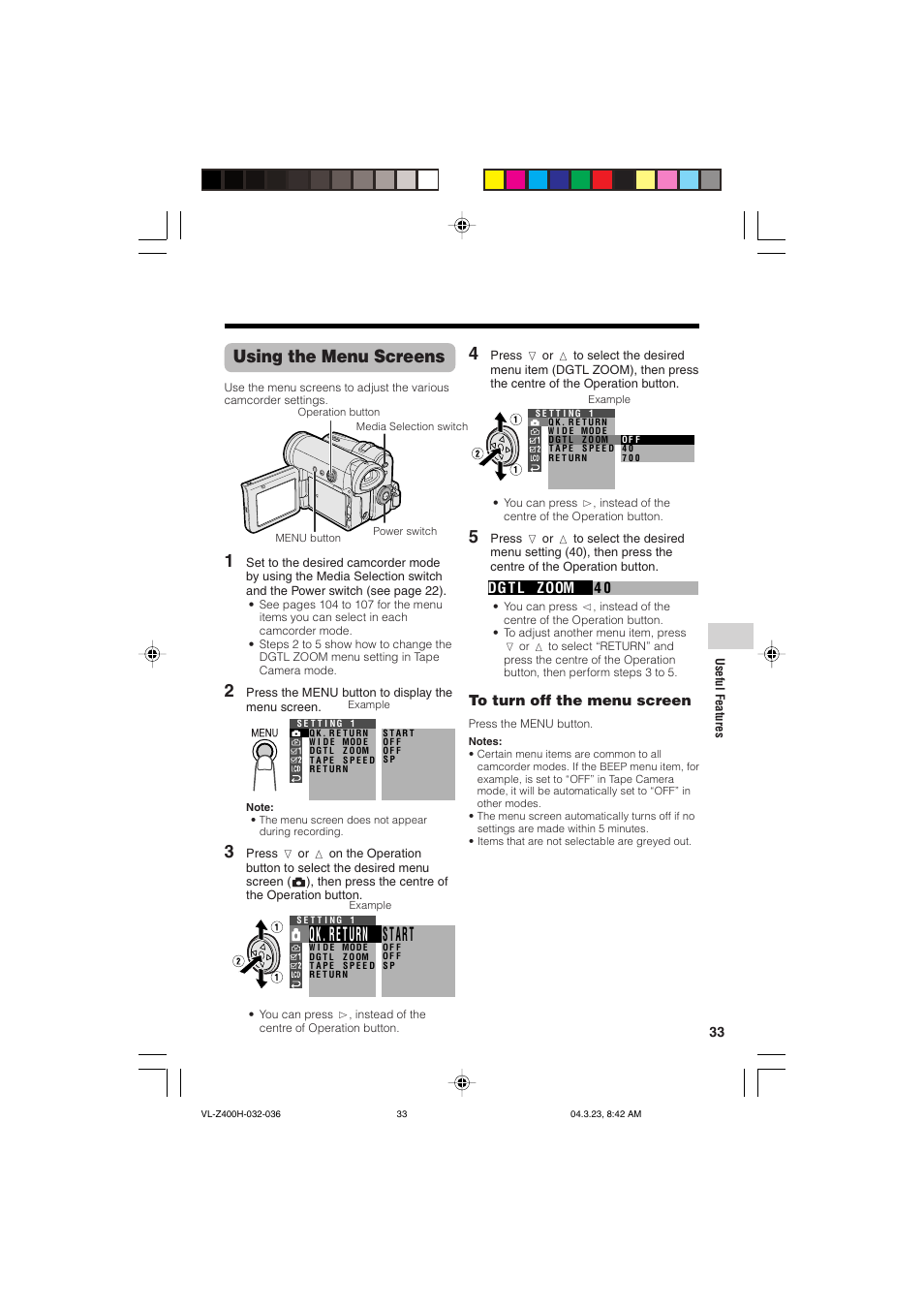 Qk. re turn start, Using the menu screens, 04 dg t l zoom | Sharp VL-Z400H-T User Manual | Page 45 / 123
