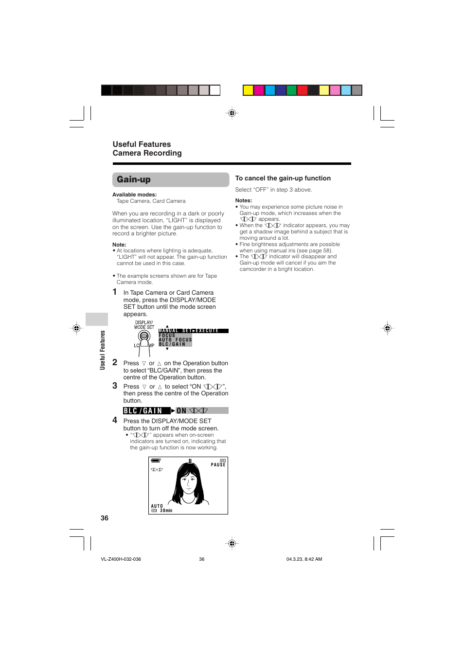 Gain-up, Useful features camera recording | Sharp VL-Z400H-T User Manual | Page 48 / 123
