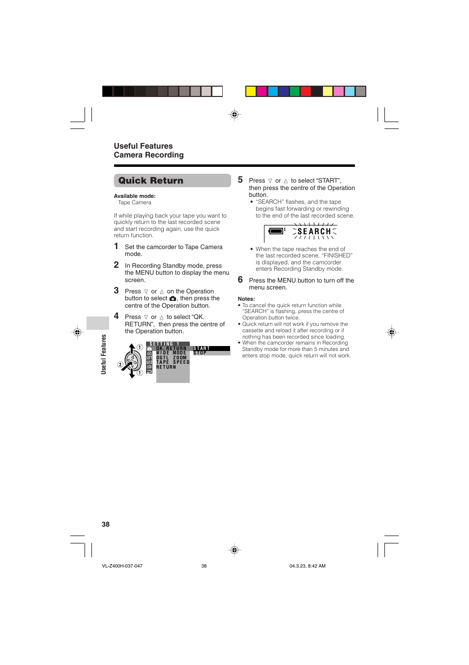 Quick return, Useful features camera recording | Sharp VL-Z400H-T User Manual | Page 50 / 123