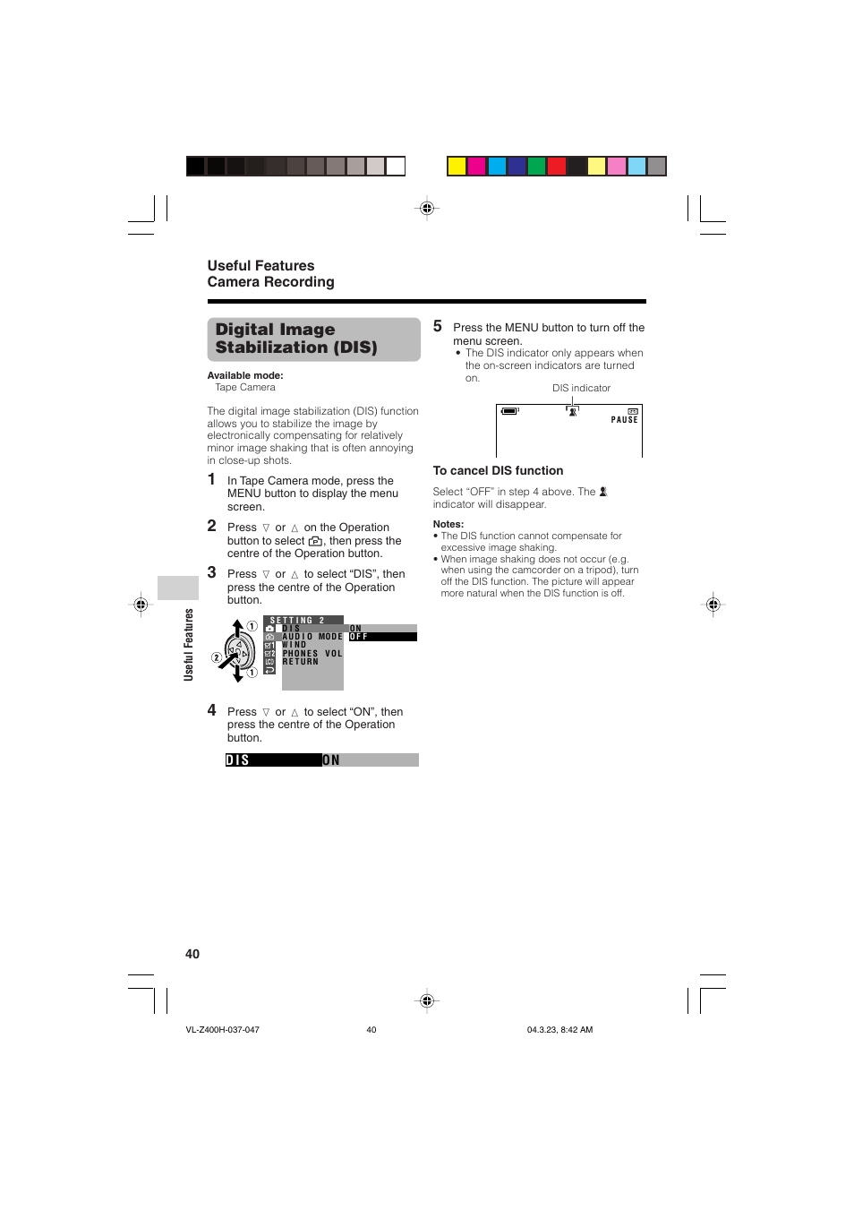 Digital image stabilization (dis), Useful features camera recording | Sharp VL-Z400H-T User Manual | Page 52 / 123