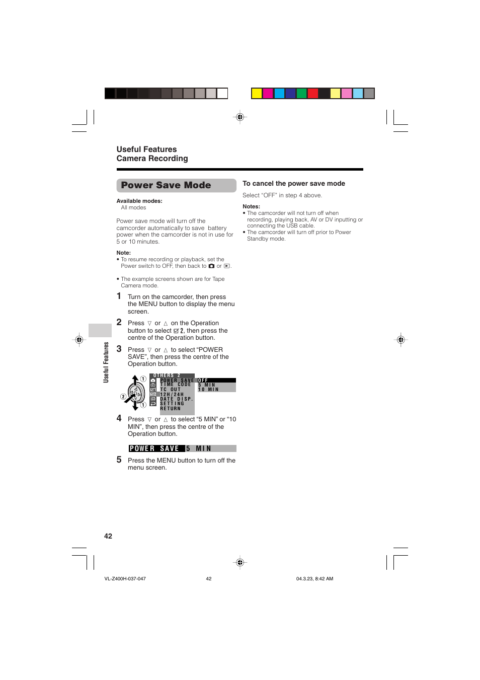 Power save mode, Useful features camera recording | Sharp VL-Z400H-T User Manual | Page 54 / 123