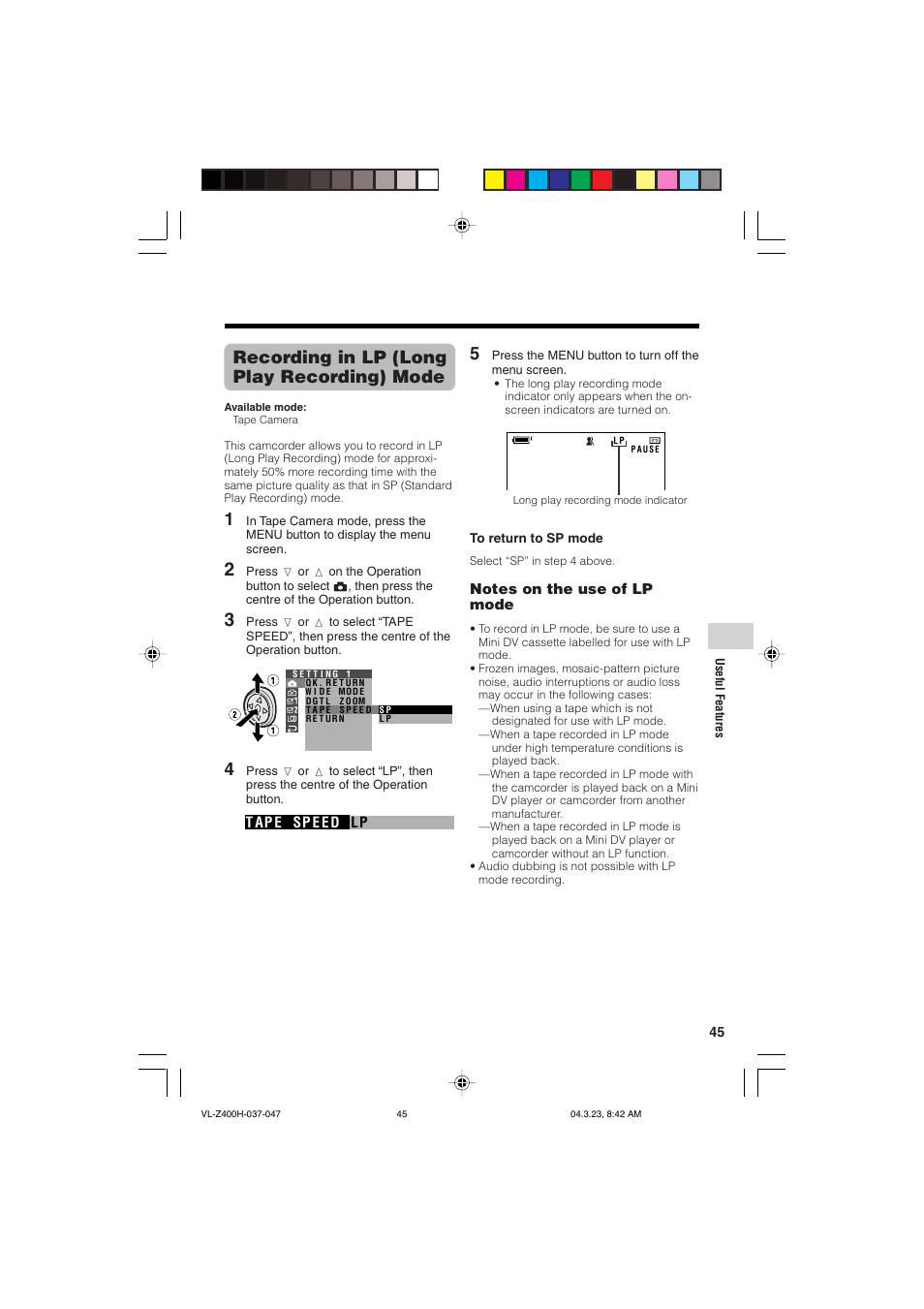 Recording in lp (long play recording) mode | Sharp VL-Z400H-T User Manual | Page 57 / 123