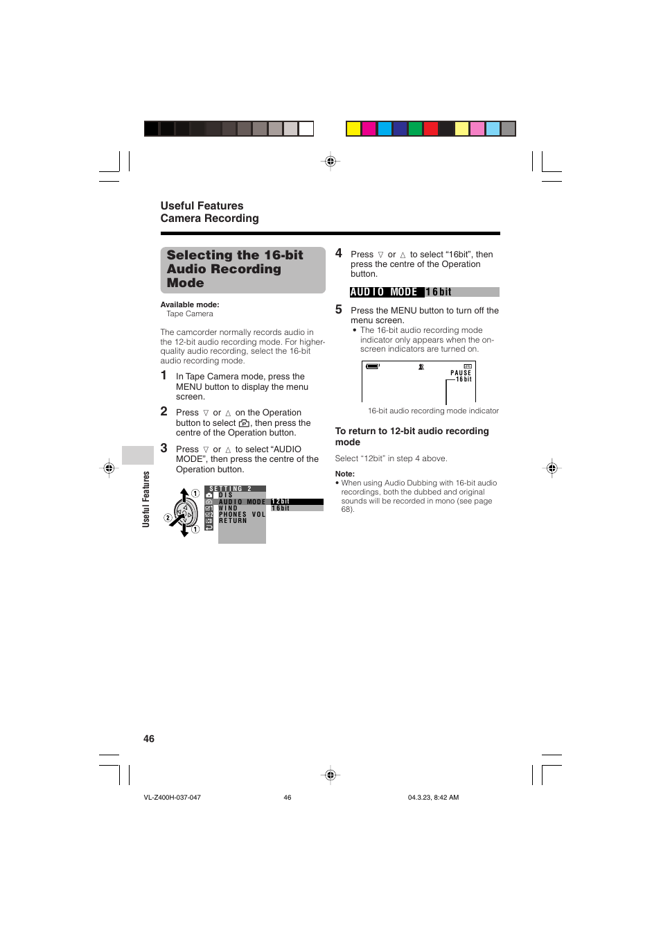 Selecting the 16-bit audio recording mode, Useful features camera recording | Sharp VL-Z400H-T User Manual | Page 58 / 123