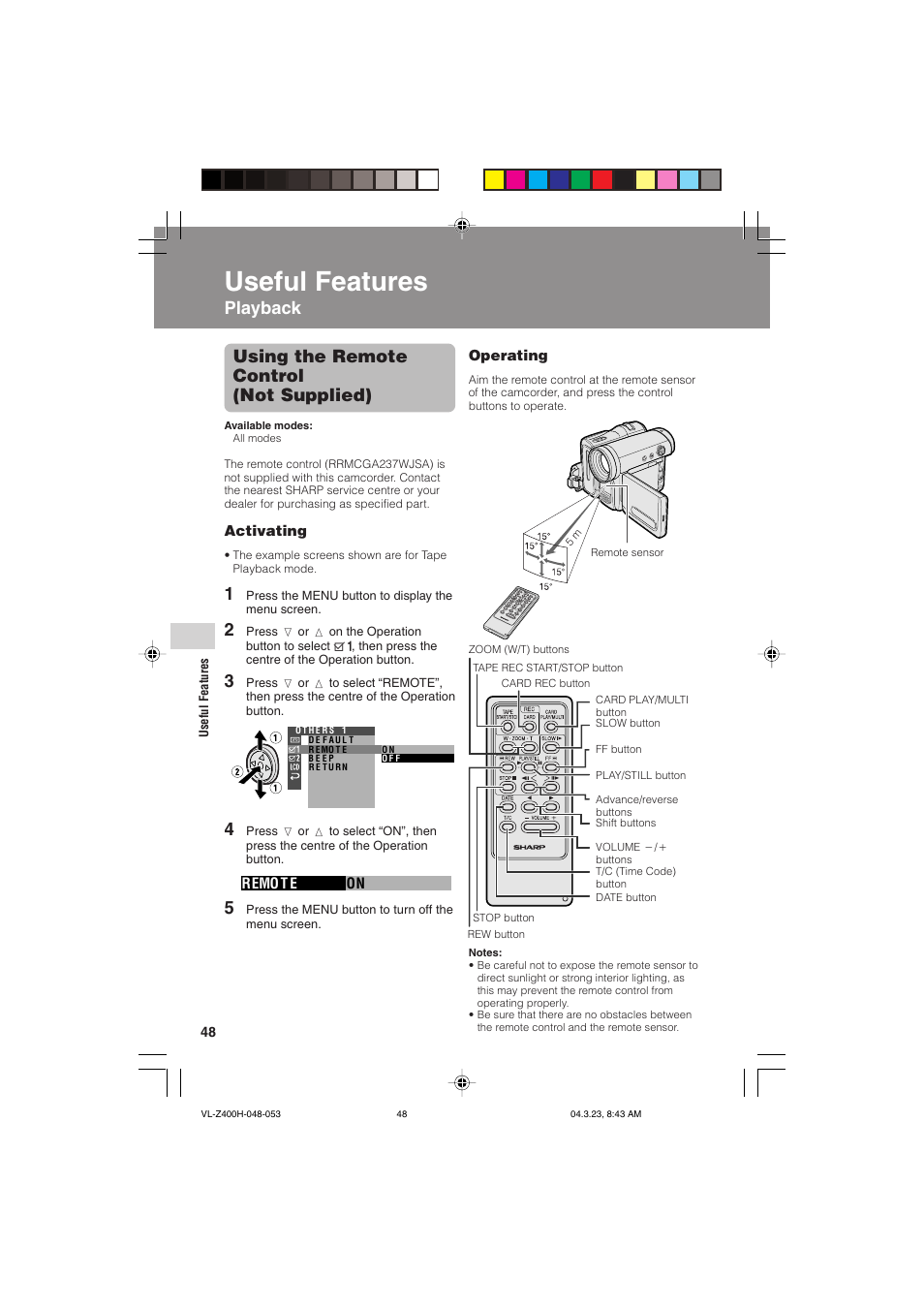 Useful features, Using the remote control (not supplied), Playback | Useful features playback | Sharp VL-Z400H-T User Manual | Page 60 / 123