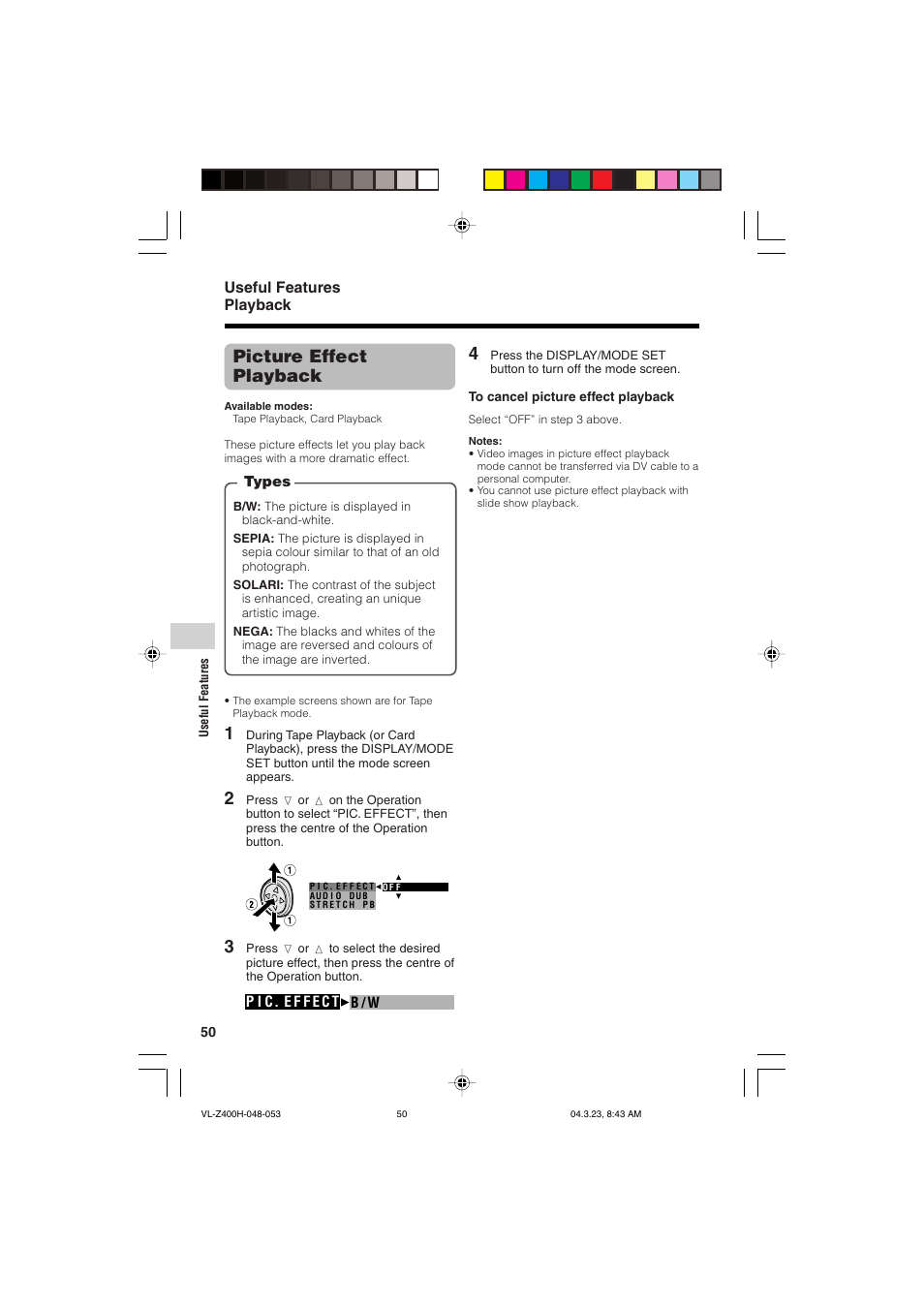Picture effect playback, Useful features playback | Sharp VL-Z400H-T User Manual | Page 62 / 123