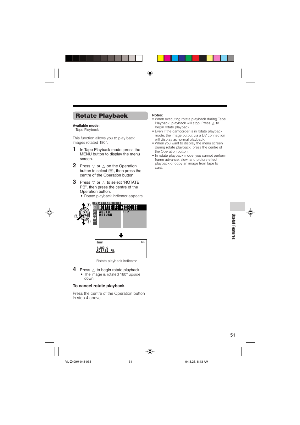 E x ecut e rota t e pb, Rotate playback | Sharp VL-Z400H-T User Manual | Page 63 / 123