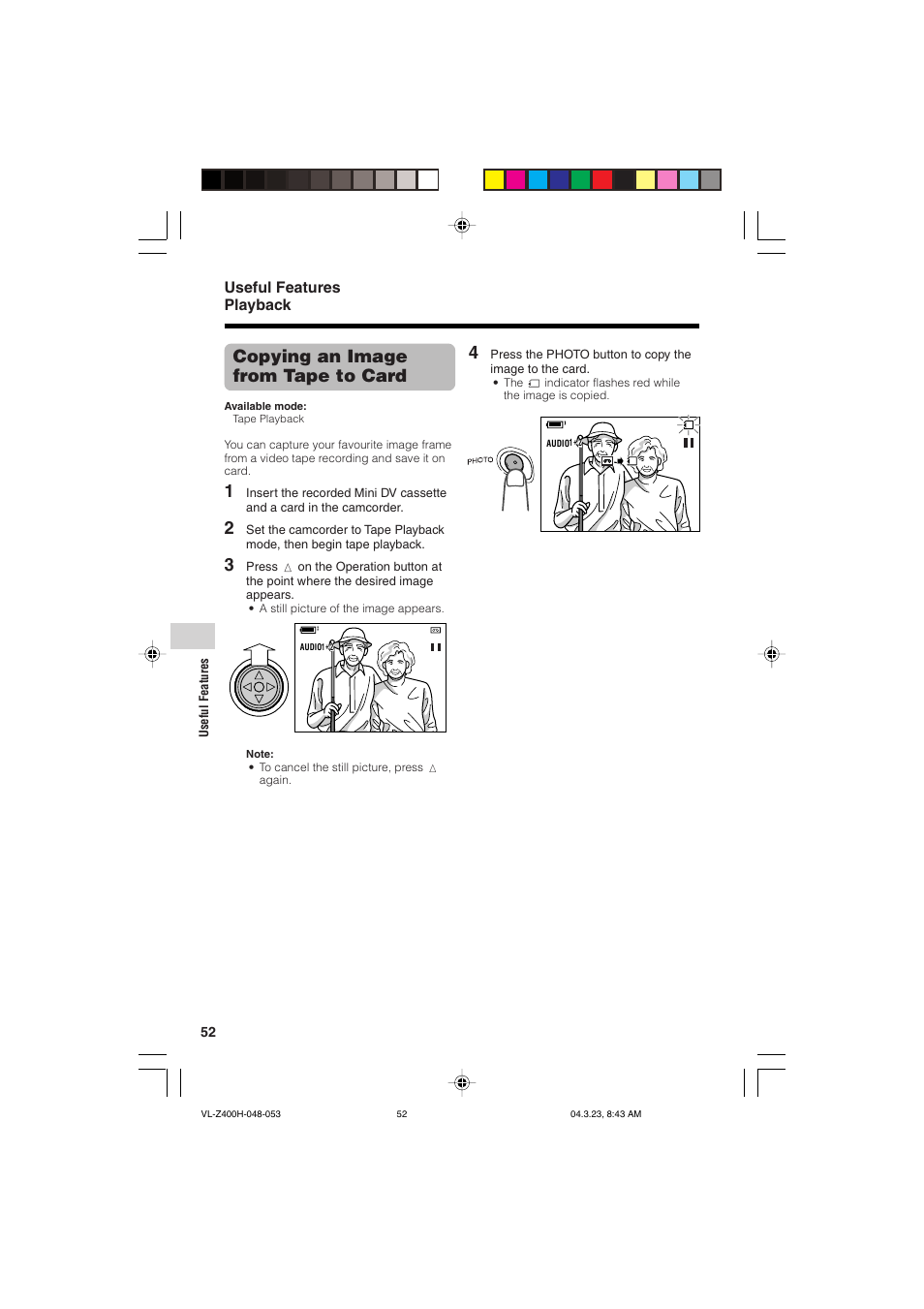 Copying an image from tape to card, Useful features playback | Sharp VL-Z400H-T User Manual | Page 64 / 123