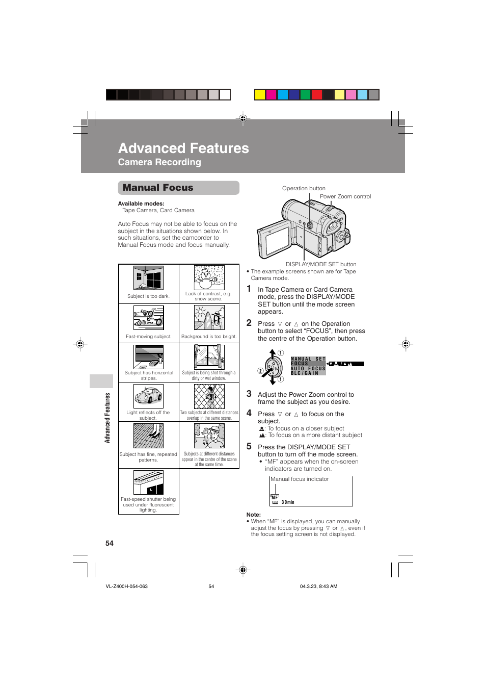 Advanced features, Manual focus, Camera recording | Advanced features camera recording | Sharp VL-Z400H-T User Manual | Page 66 / 123