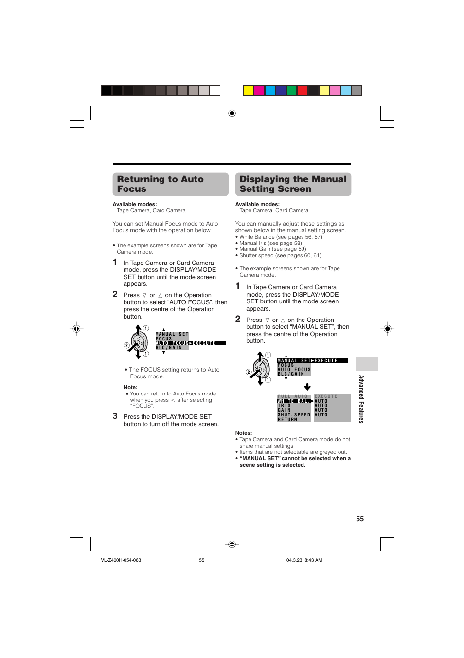 Displaying the manual setting screen, Returning to auto focus | Sharp VL-Z400H-T User Manual | Page 67 / 123