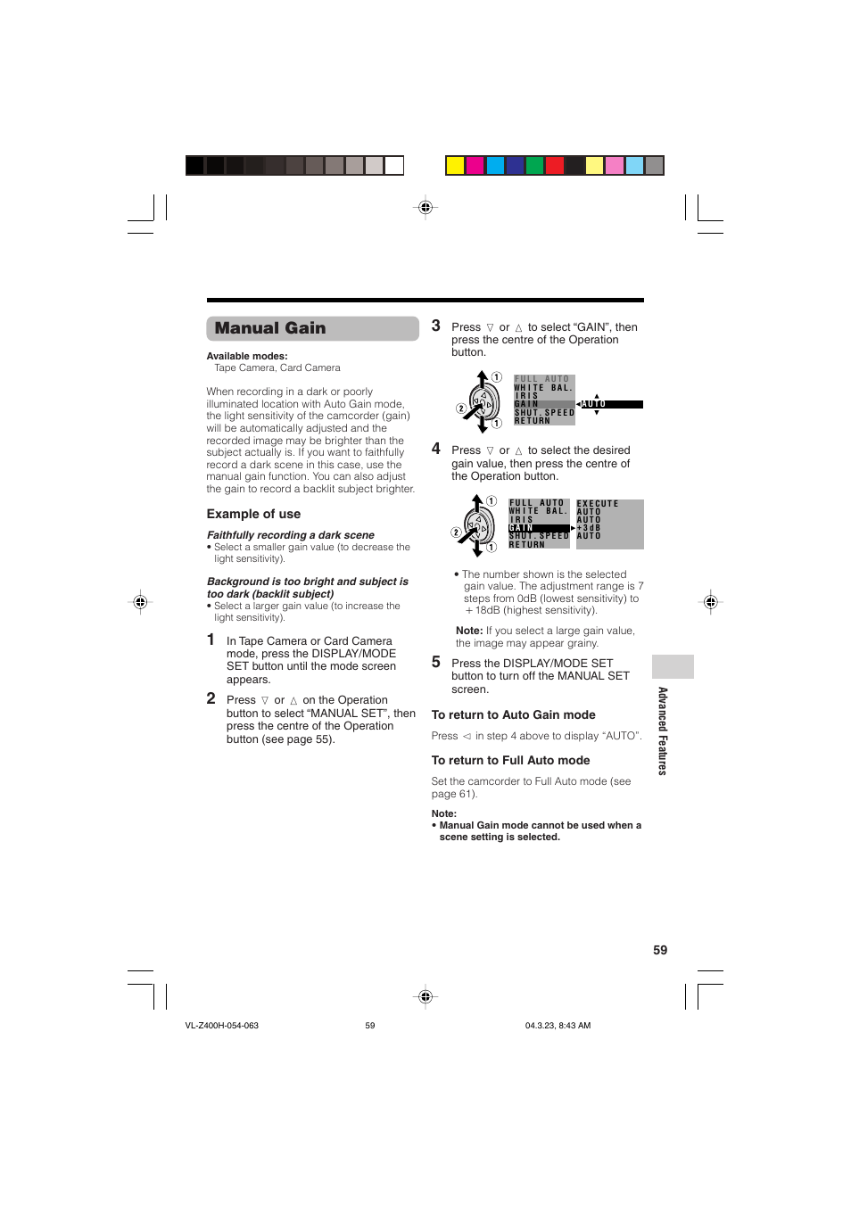 Manual gain | Sharp VL-Z400H-T User Manual | Page 71 / 123