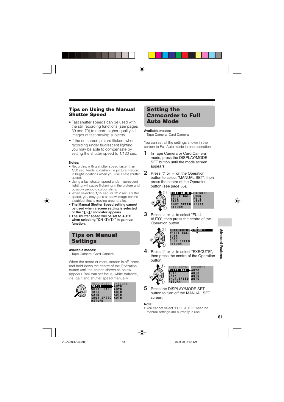 Setting the camcorder to full auto mode, Tips on manual settings, Tips on using the manual shutter speed | Sharp VL-Z400H-T User Manual | Page 73 / 123