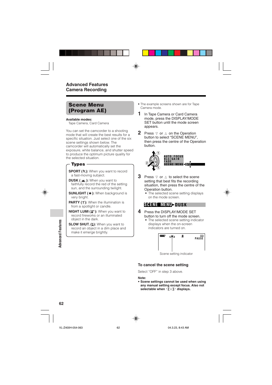 Scene menu (program ae), Advanced features camera recording | Sharp VL-Z400H-T User Manual | Page 74 / 123