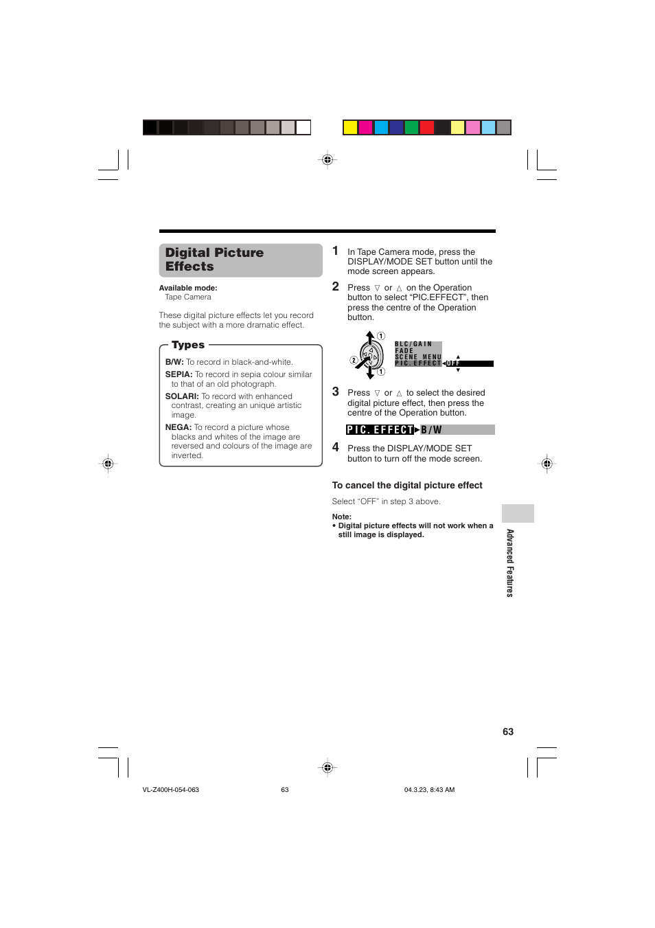 Digital picture effects | Sharp VL-Z400H-T User Manual | Page 75 / 123