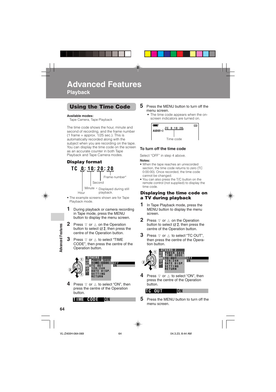 Advanced features, Using the time code, Playback | Advanced features playback | Sharp VL-Z400H-T User Manual | Page 76 / 123