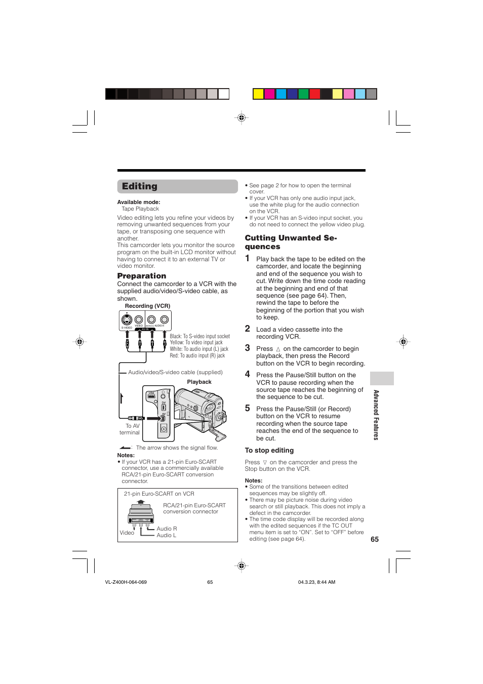 Editing, Preparation, Cutting unwanted se- quences | Sharp VL-Z400H-T User Manual | Page 77 / 123