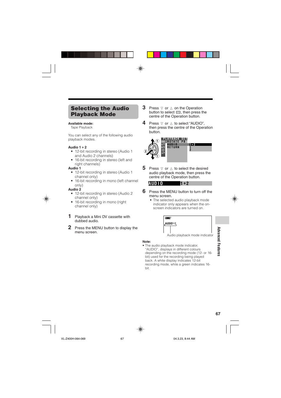 Selecting the audio playback mode | Sharp VL-Z400H-T User Manual | Page 79 / 123