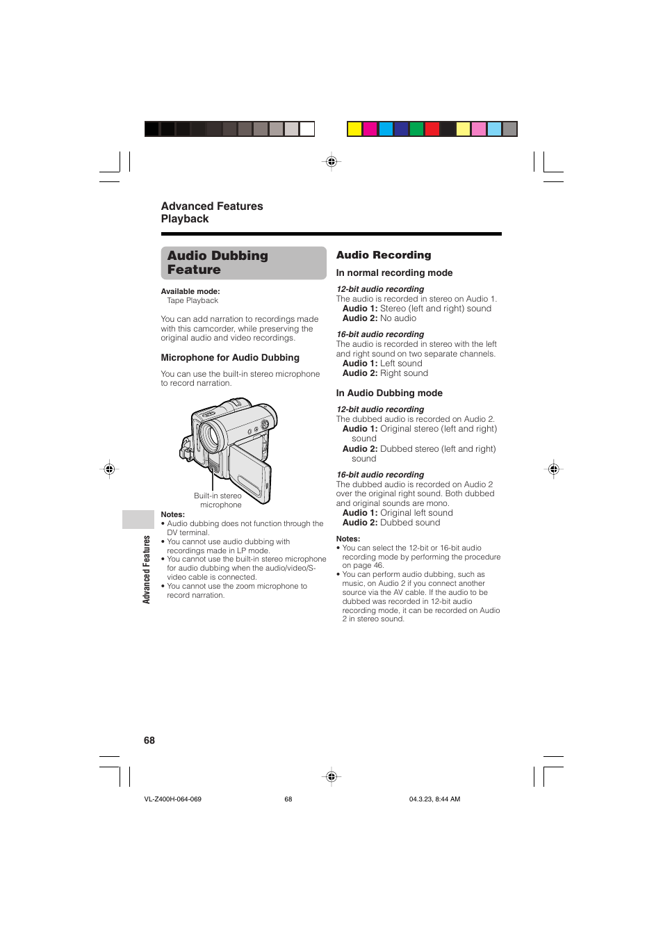 Audio dubbing feature, Advanced features playback | Sharp VL-Z400H-T User Manual | Page 80 / 123