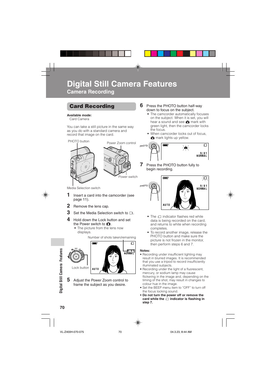 Digital still camera features, Camera recording card recording, Digital still camera features camera recording | Sharp VL-Z400H-T User Manual | Page 82 / 123