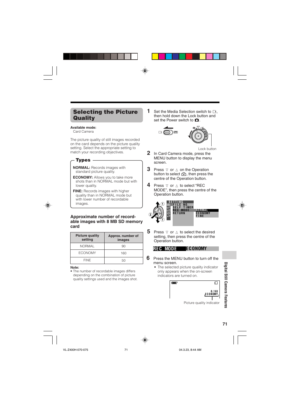 Selecting the picture quality | Sharp VL-Z400H-T User Manual | Page 83 / 123