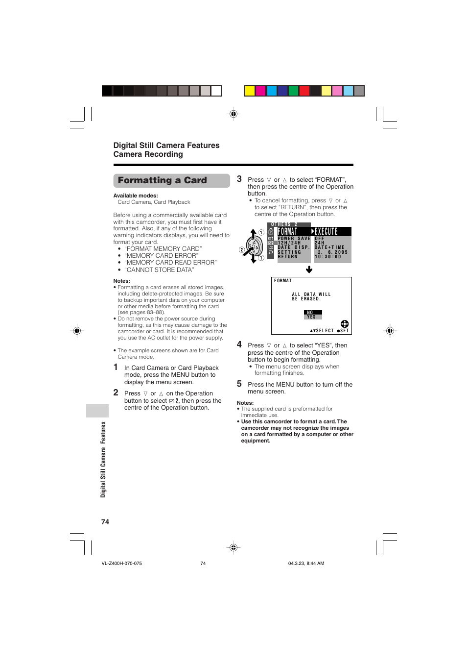 E xecut e f ormat, Formatting a card, Digital still camera features camera recording | Sharp VL-Z400H-T User Manual | Page 86 / 123