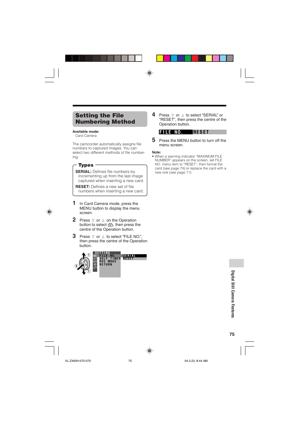 Setting the file numbering method | Sharp VL-Z400H-T User Manual | Page 87 / 123