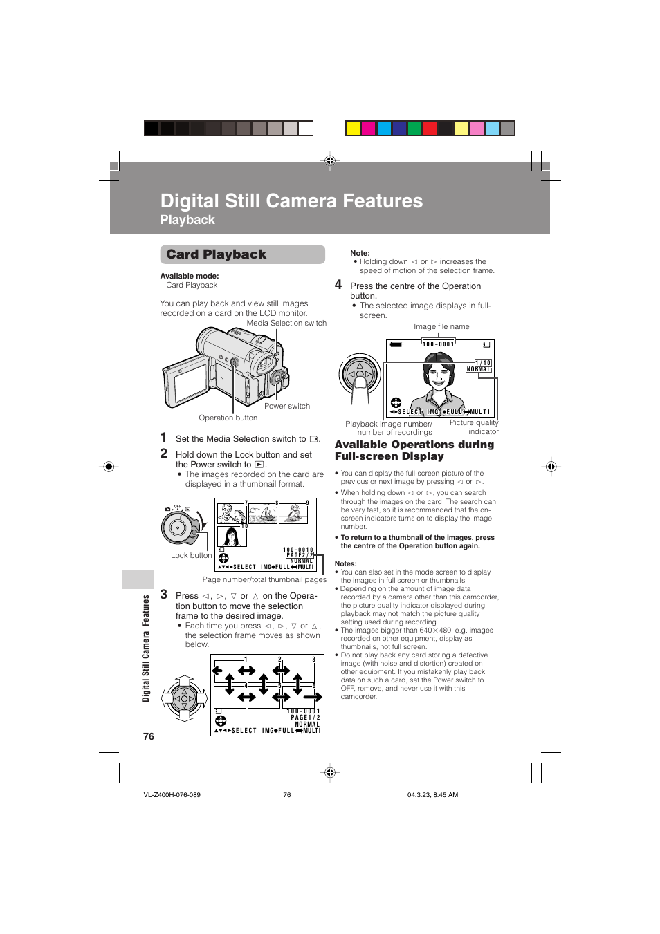 Digital still camera features, Playback card playback, Digital still camera features playback | Available operations during full-screen display | Sharp VL-Z400H-T User Manual | Page 88 / 123