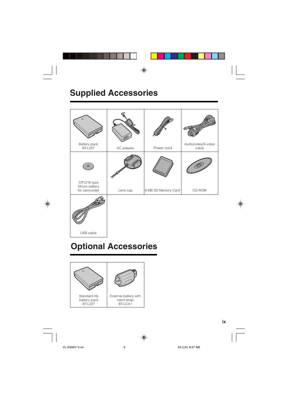 Supplied accessories, Optional accessories | Sharp VL-Z400H-T User Manual | Page 9 / 123
