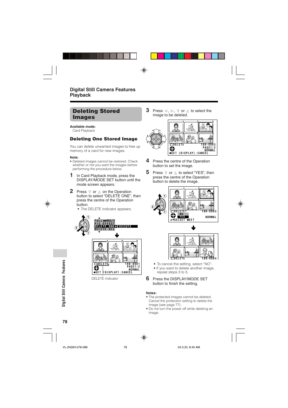 Deleting stored images, Digital still camera features playback, Deleting one stored image | Sharp VL-Z400H-T User Manual | Page 90 / 123