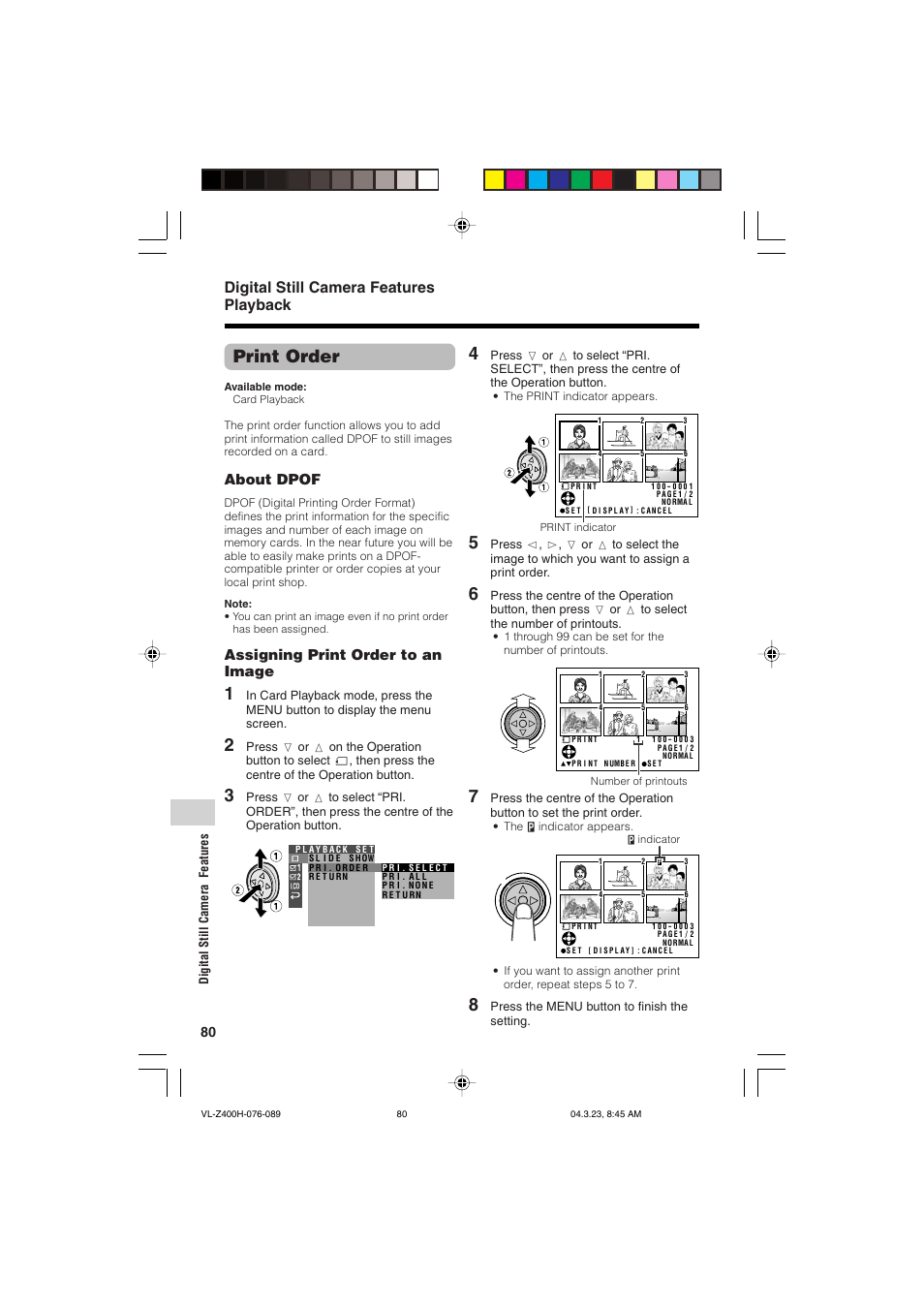 Print order, Digital still camera features playback, About dpof | Assigning print order to an image | Sharp VL-Z400H-T User Manual | Page 92 / 123