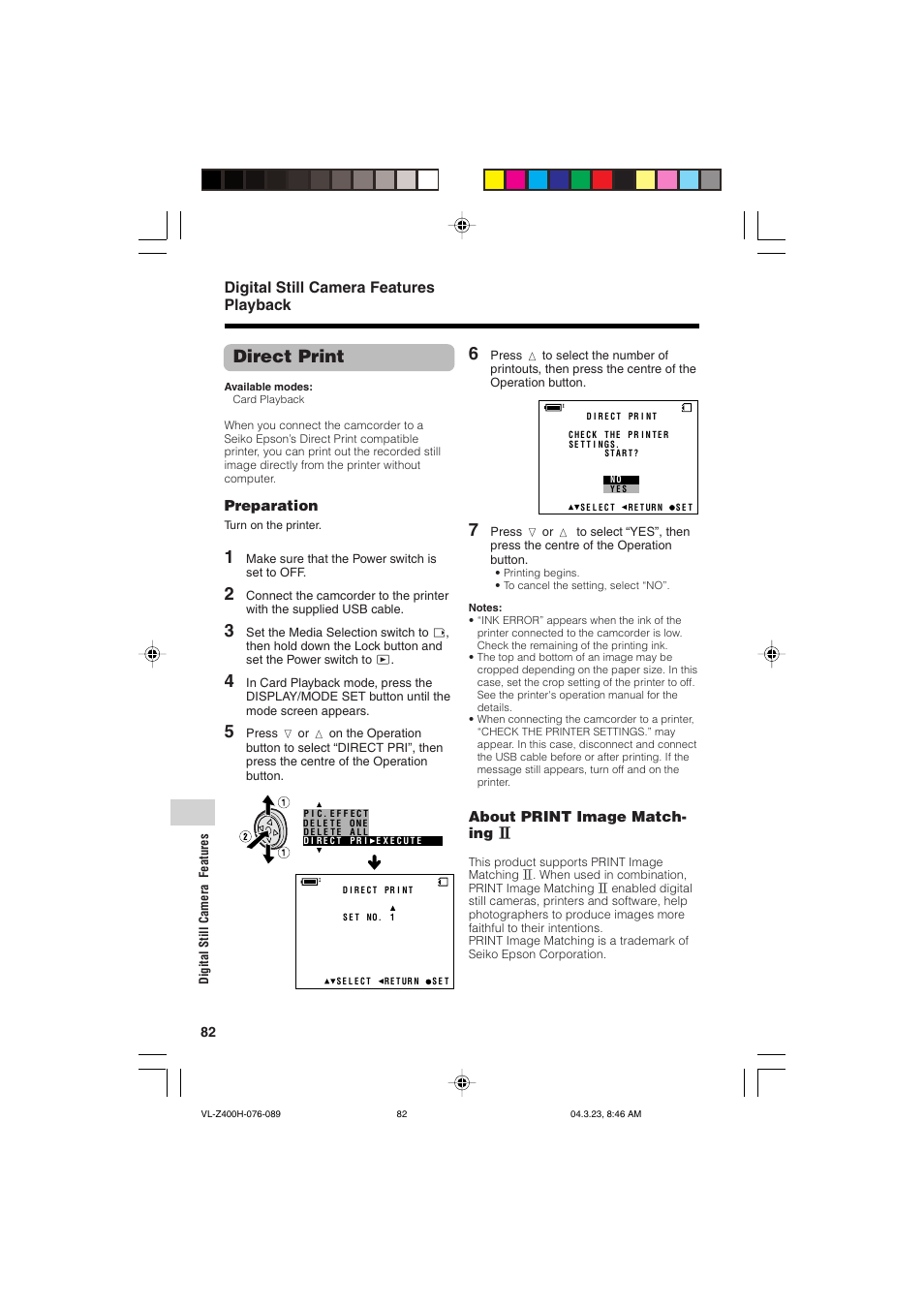 Direct print, Digital still camera features playback | Sharp VL-Z400H-T User Manual | Page 94 / 123