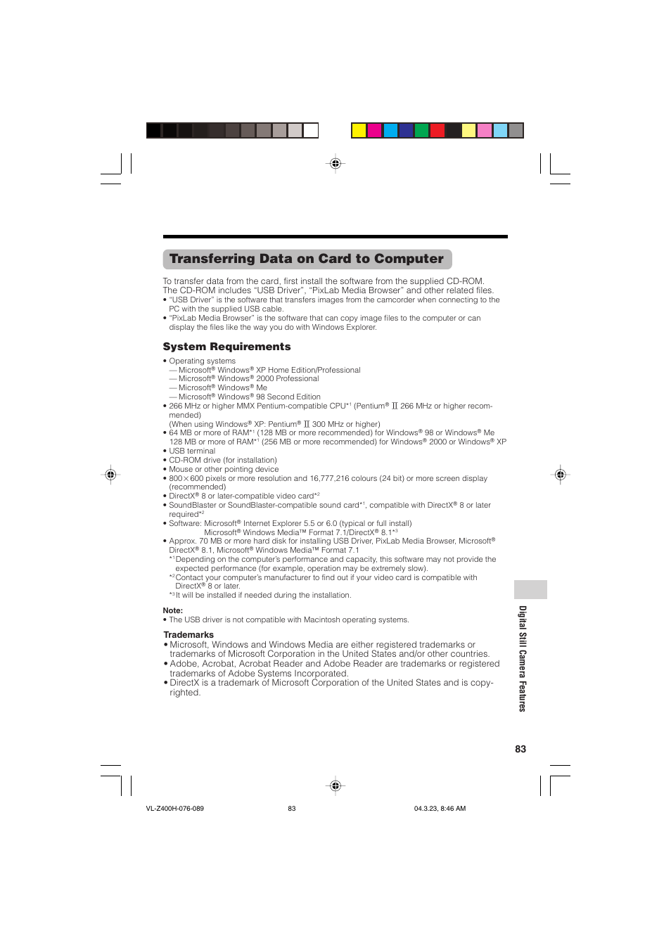 Transferring data on card to computer, System requirements | Sharp VL-Z400H-T User Manual | Page 95 / 123