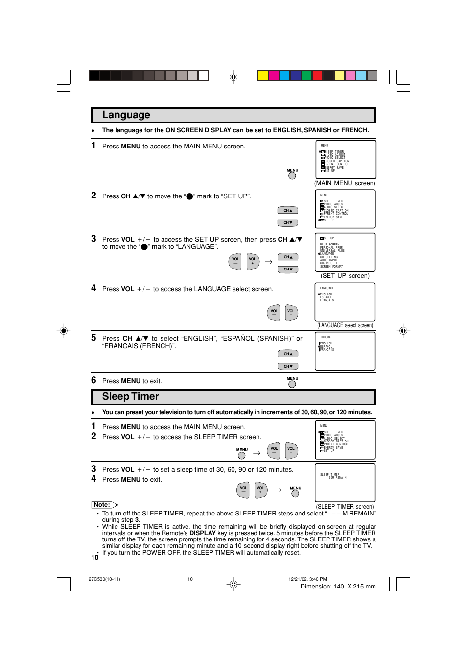 Sleep timer, Language | Sharp 27C530 User Manual | Page 10 / 60