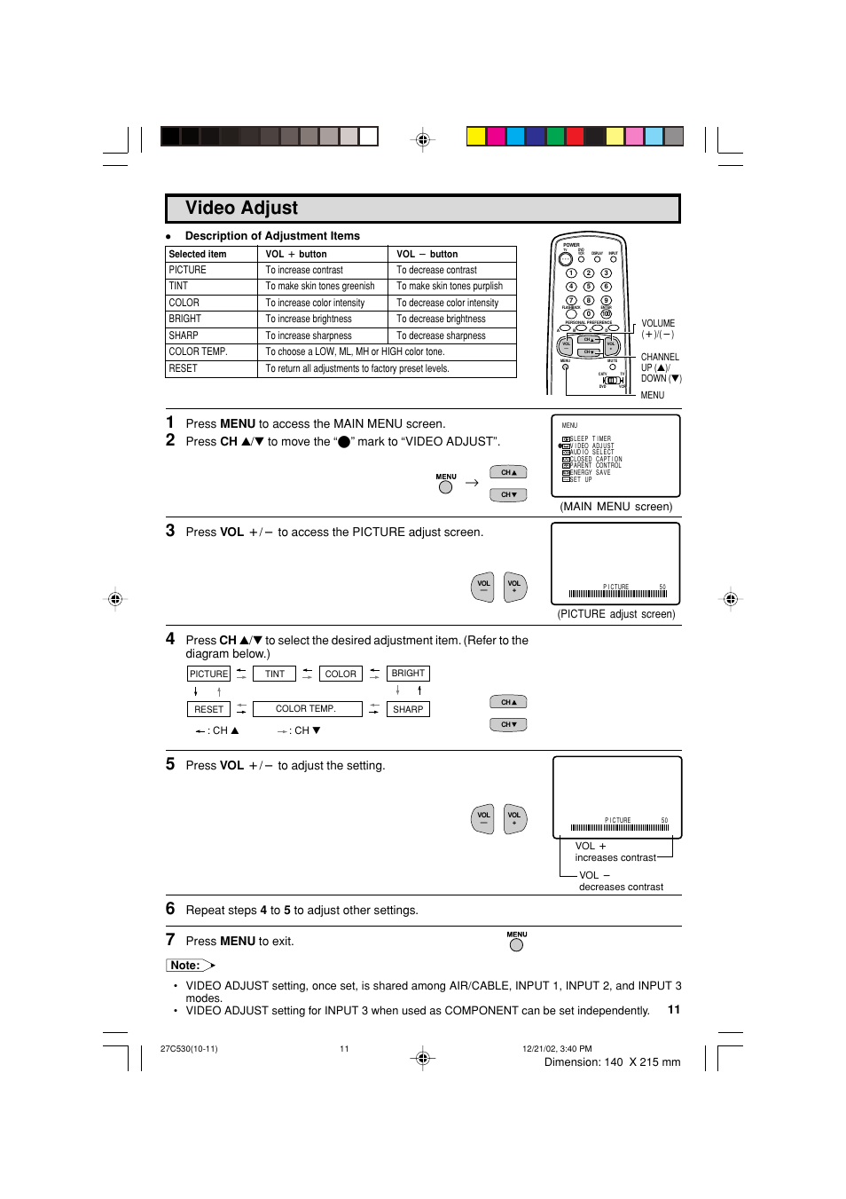 Video adjust | Sharp 27C530 User Manual | Page 11 / 60