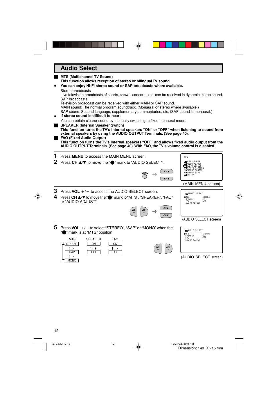 Audio select | Sharp 27C530 User Manual | Page 12 / 60