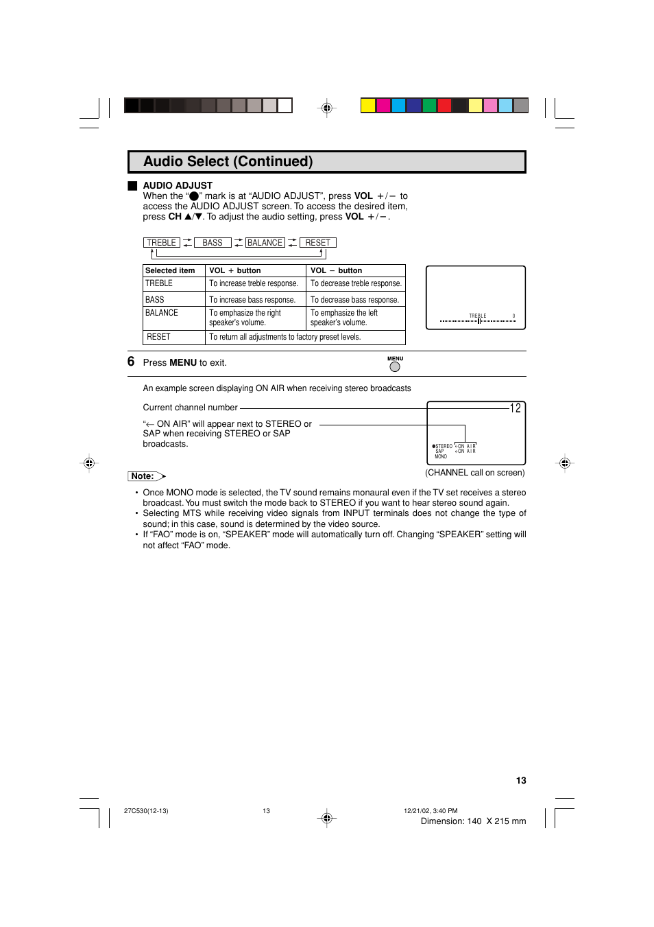 Audio select (continued) | Sharp 27C530 User Manual | Page 13 / 60