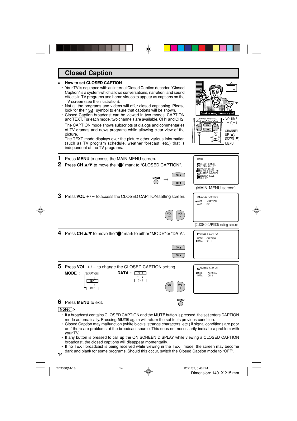 Closed caption, Press menu to access the main menu screen, Press vol k/l to change the closed caption setting | Press menu to exit | Sharp 27C530 User Manual | Page 14 / 60