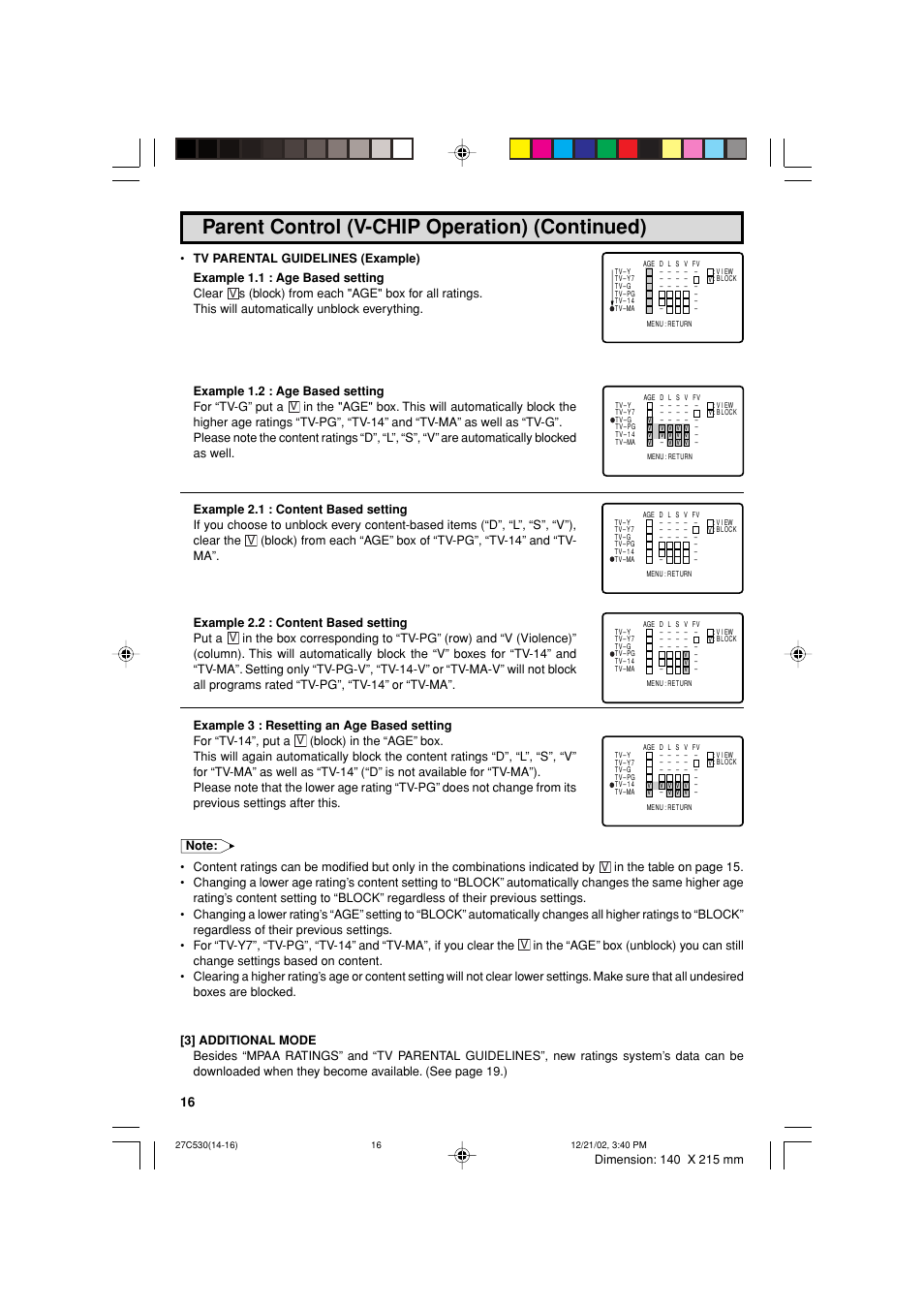 Parent control (v-chip operation) (continued) | Sharp 27C530 User Manual | Page 16 / 60