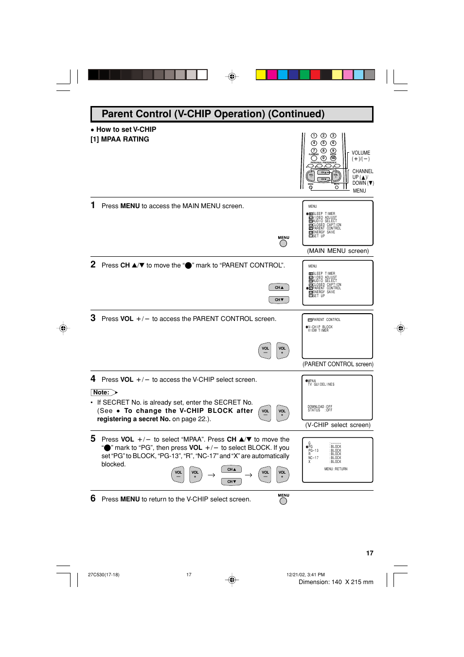 Parent control (v-chip operation) (continued), How to set v-chip [1] mpaa rating, Press menu to access the main menu screen | Press vol k/l to access the parent control screen, Press vol k/l to access the v-chip select screen, Press menu to return to the v-chip select screen | Sharp 27C530 User Manual | Page 17 / 60